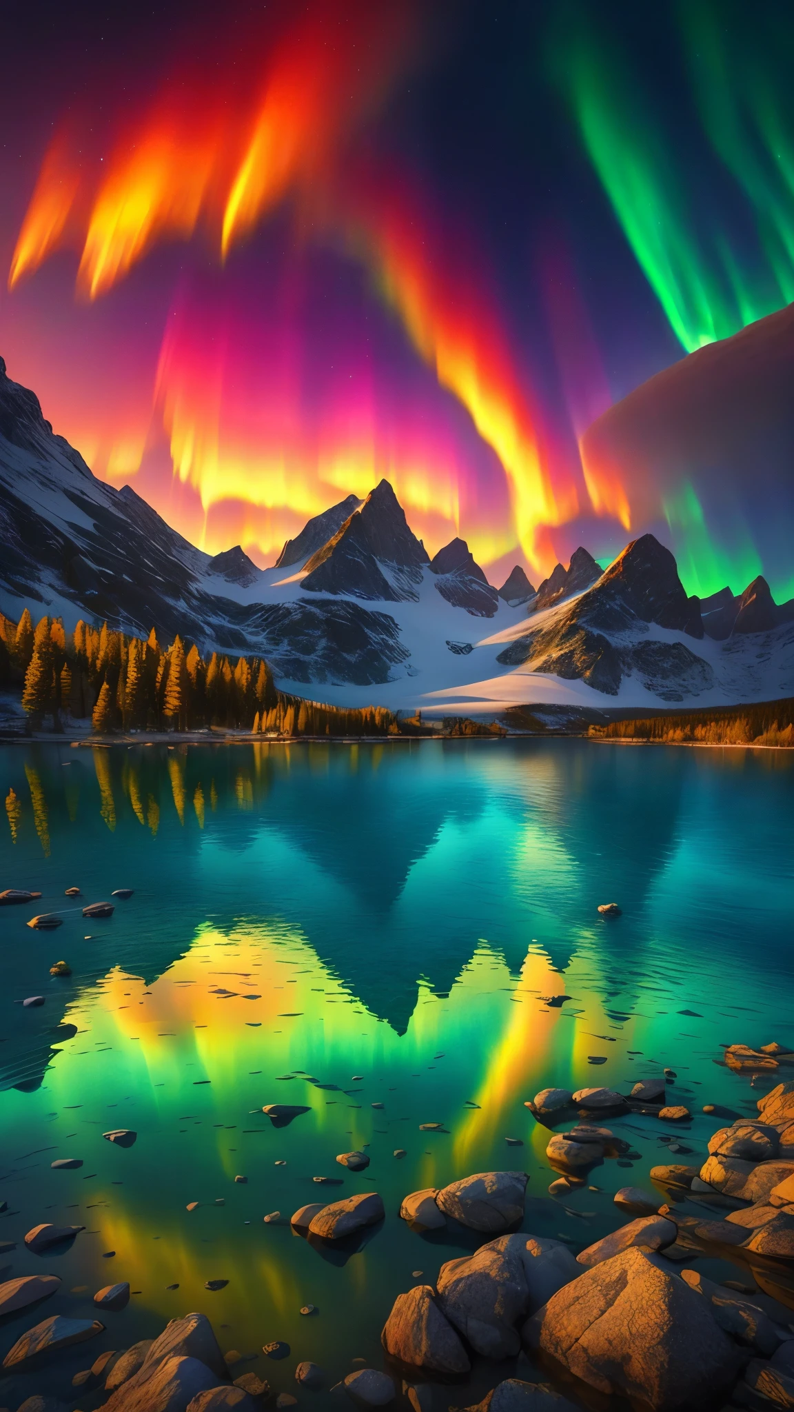 a colorful aurora bore over a mountain lake with rocks and trees, extraordinary colorful landscape, magnificent background, breathtaking colors, beautiful and colorful, mountains and colorful sunset!!, incredible colors, magical colors and atmosphere, magical colours and atmosphere, stunning nature in background, stunning colors, rainbow aurora, beautiful vibrant colors, beautiful wallpaper, amazing colors, majestic nature scenery, beautiful colorful