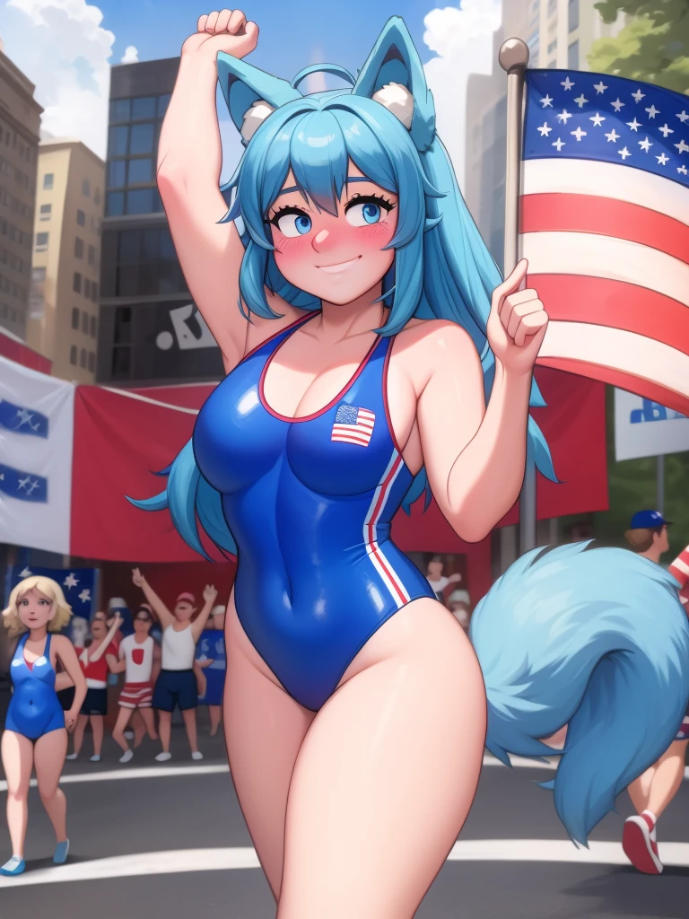 (Masterpiece) (High Detail) (High Res) A short humanoid girl with pale human skin and blue eyes and long blue hair and blue dog ears and a fluffy blue dog tail and average breasts. She is at a 4th of July Independence Day Parade in New York City. She is wearing an American US Flag patterned one piece swim suit and is holding up a US Flag. She has blushing cheeks and she is smiling cheerfully.