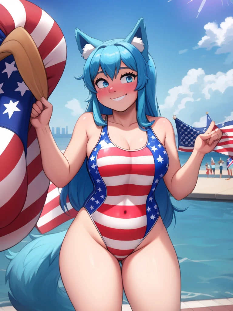 (Masterpiece) (High Detail) (High Res) A short humanoid girl with pale human skin and blue eyes and long blue hair and blue dog ears and a fluffy blue dog tail and average breasts. She is at a 4th of July Independence Day Parade in New York City. She is wearing an American US Flag patterned one piece swim suit and is holding up a US Flag. She has blushing cheeks and she is smiling cheerfully.