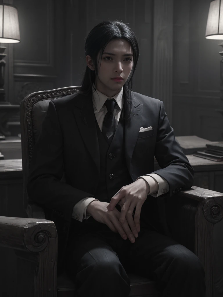 Kanao from demon slayer,long flowing hair,piercing eyes,full lips,sitting on a grand throne,sleek black suit and tie,confident and powerful expression,dramatic lighting,cinematic composition,chiaroscuro lighting,moody and atmospheric,gritty and grungy aesthetic,hyper-realistic,8k,high quality,intricate details