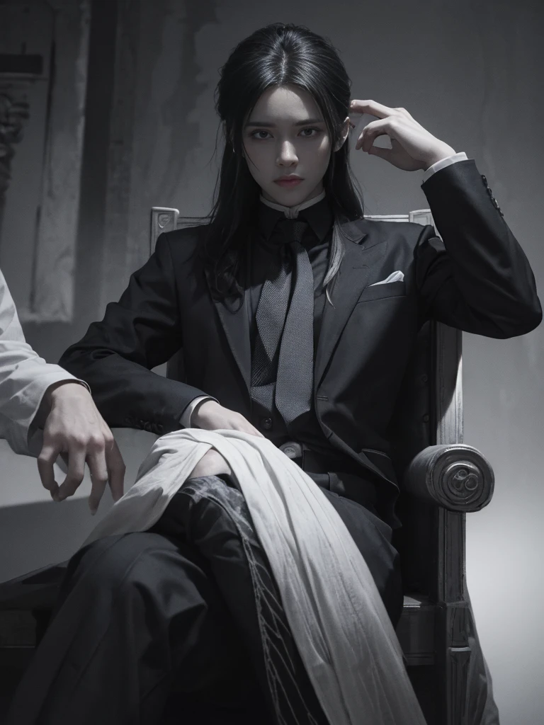Kanao from demon slayer,long flowing hair,piercing eyes,full lips,sitting on a grand throne,sleek black suit and tie,confident and powerful expression,dramatic lighting,cinematic composition,chiaroscuro lighting,moody and atmospheric,gritty and grungy aesthetic,hyper-realistic,8k,high quality,intricate details
