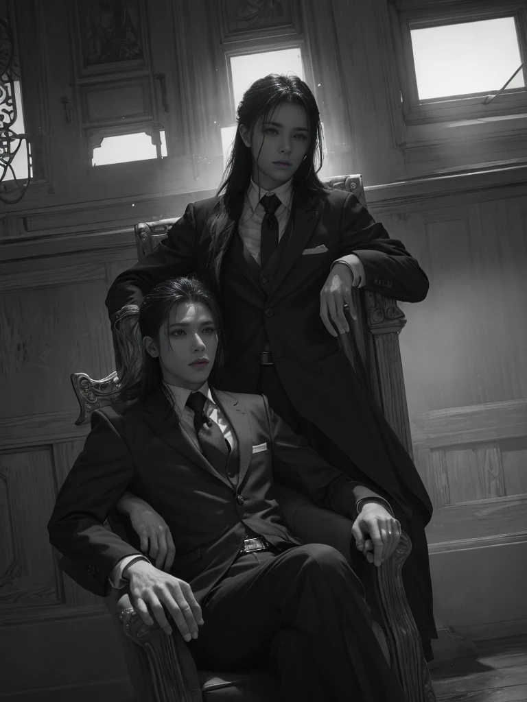 Kanao from demon slayer,long flowing hair,piercing eyes,full lips,sitting on a grand throne,sleek black suit and tie,confident and powerful expression,dramatic lighting,cinematic composition,chiaroscuro lighting,moody and atmospheric,gritty and grungy aesthetic,hyper-realistic,8k,high quality,intricate details