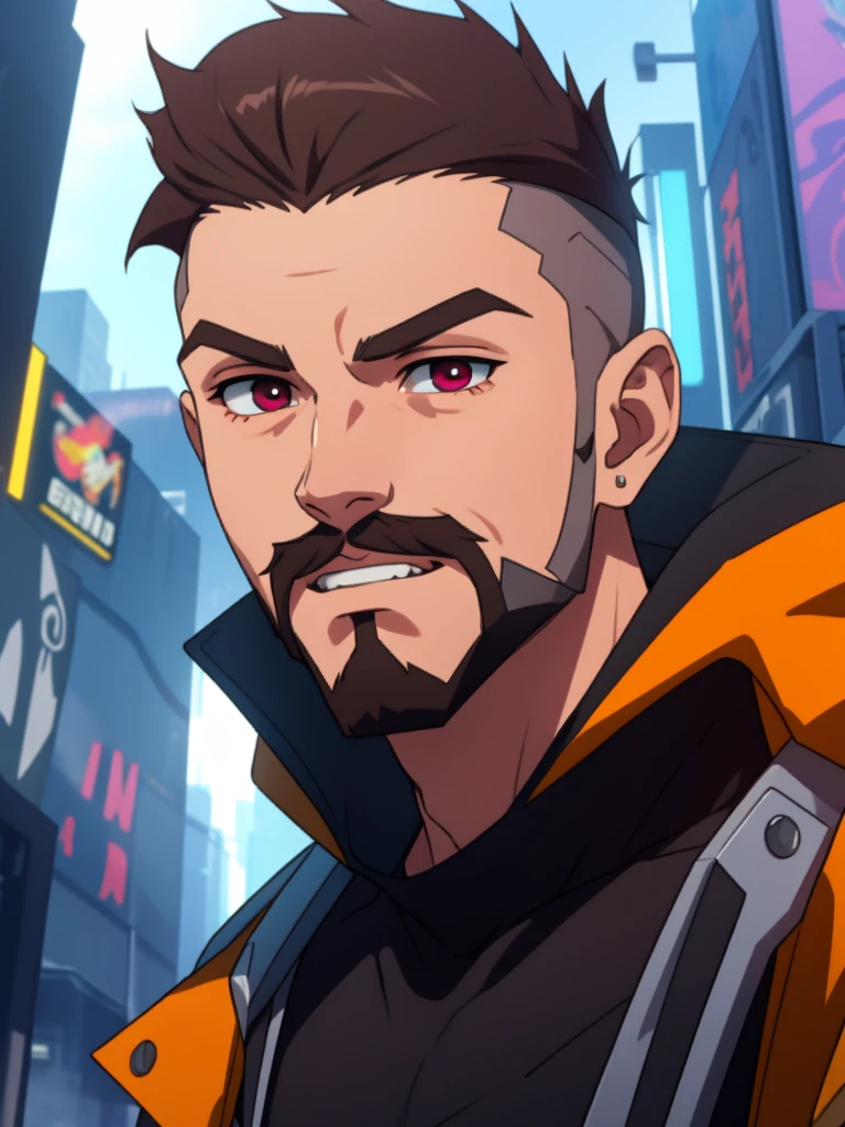 cyber punk, naked cos, short hair man, fair skin and thin eyebrows,  Well-groomed beard and mustache with Neutral Expression, wearing black jacket and gray t-shirt, sentado em uma cadeira gamer, Muscle, Sex,  David Martinez in a futuristic city , standing alone, maroon_eyeballs, アニメ, blackw_body hair, mascle_focusing, brow, clean teeth, close up, upper_cos, ****ung boy, face 