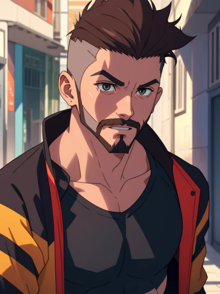 cyber punk, naked cos, short hair man, fair skin and thin eyebrows,  Well-groomed beard and mustache with Neutral Expression, wearing black jacket and gray t-shirt, sentado em uma cadeira gamer, Muscle, Sex,  David Martinez in a futuristic city , standing alone, maroon_eyeballs, アニメ, blackw_body hair, mascle_focusing, brow, clean teeth, close up, upper_cos, ****ung boy, face 