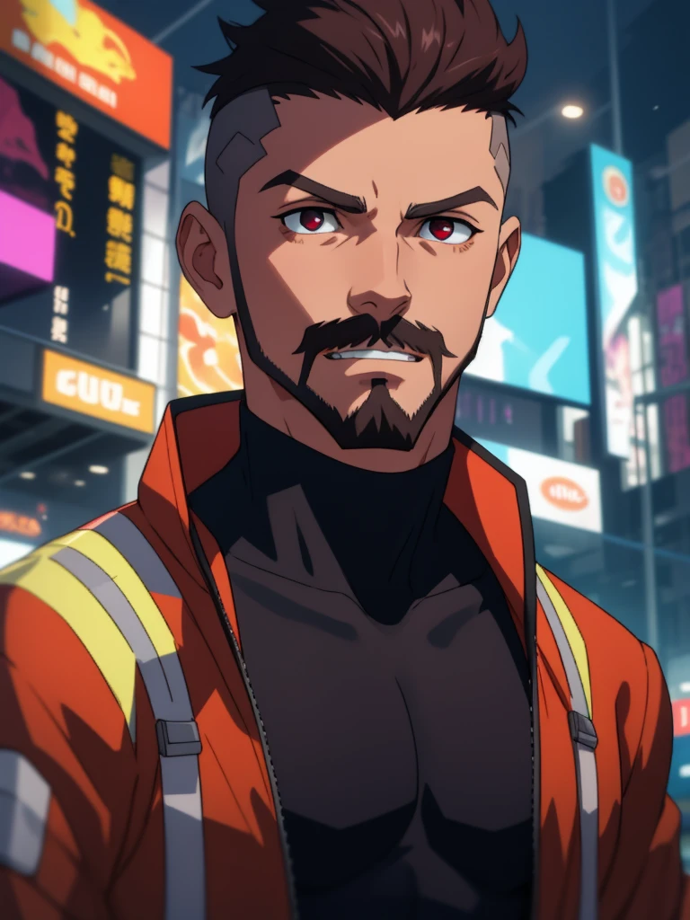 cyber punk, naked cos, short hair man, fair skin and thin eyebrows,  Well-groomed beard and mustache with Neutral Expression, wearing black jacket and gray t-shirt, sentado em uma cadeira gamer, Muscle, Sex,  David Martinez in a futuristic city , standing alone, maroon_eyeballs, アニメ, blackw_body hair, mascle_focusing, brow, clean teeth, close up, upper_cos, ****ung boy, face 