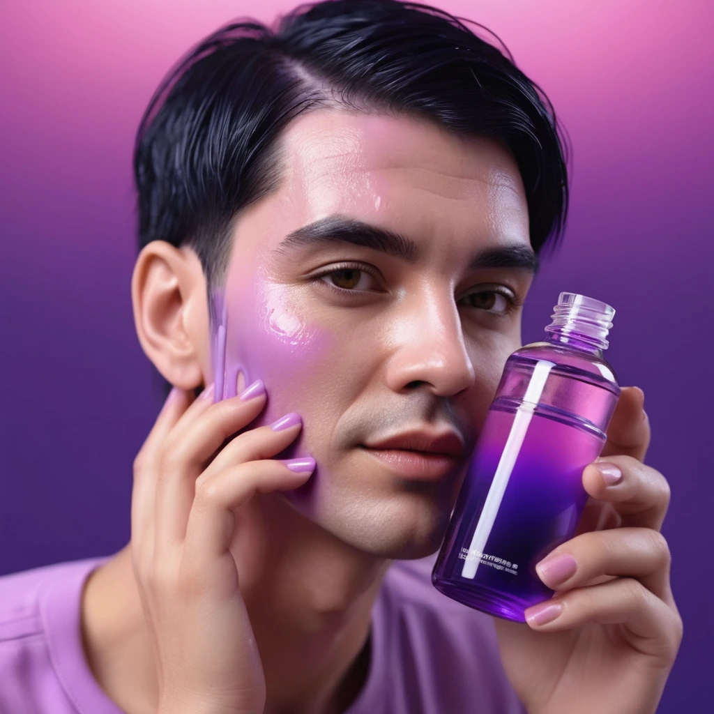 smartphone in his hand, blackhair male hands holding purple bottle of massage oil to her face, that is glowing with pink and purple colours, dripping wet, closeup macro photo, minimalistic, in a light purple and pink style, with soft edges and blurred details, in the toycore style, with a 3D render, on a colorful background, with a minimalist stage design, in a surreal style, with a cinema4D rendering, with a minimalist style, with low saturation, using gradient colors, with a cinema4D rendering, with a blender rendering, with super detail, at a super high resolution, at a super high definition