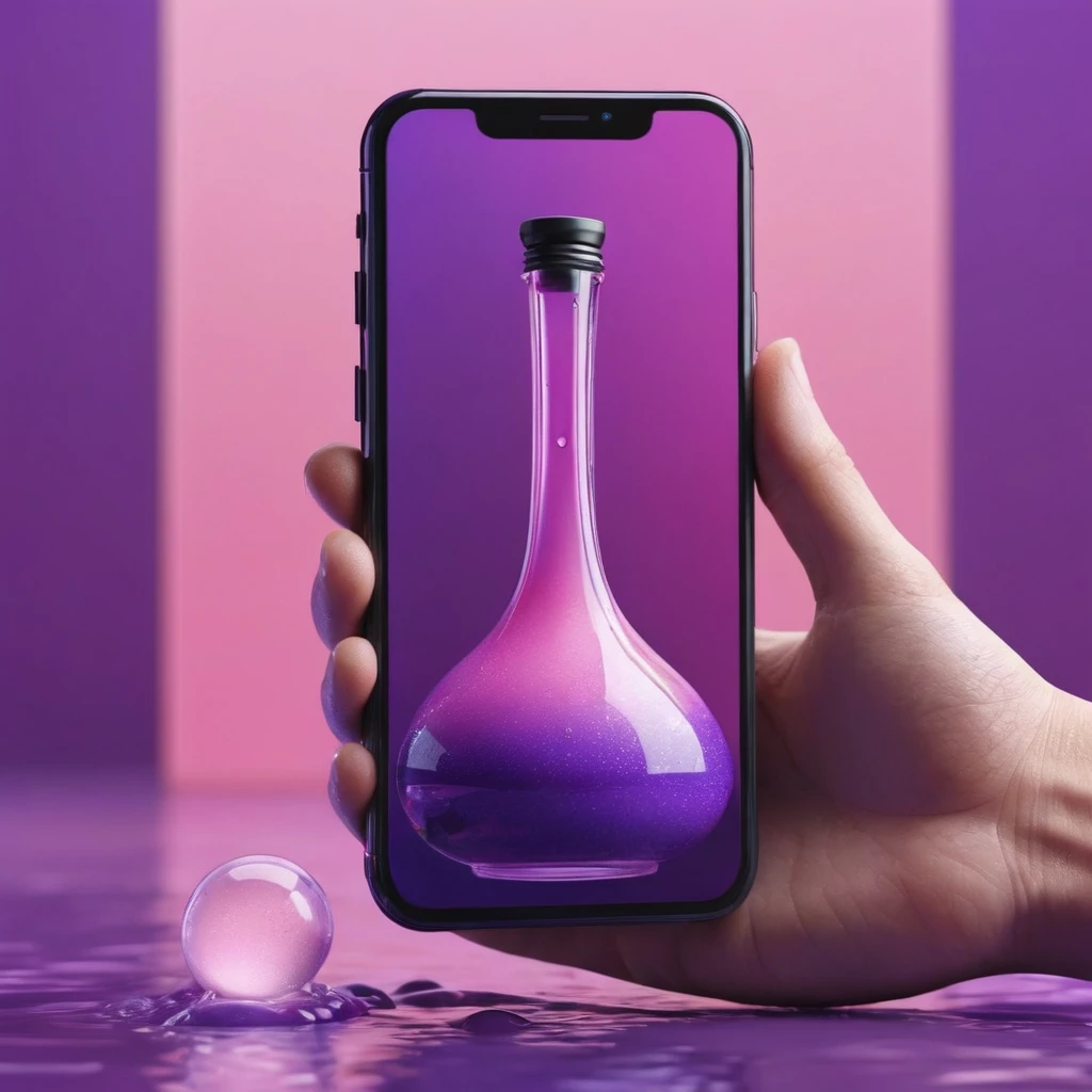 smartphone in his hand, blackhair male hands holding purple bottle of massage oil to her face, that is glowing with pink and purple colours, dripping wet, closeup macro photo, minimalistic, in a light purple and pink style, with soft edges and blurred details, in the toycore style, with a 3D render, on a colorful background, with a minimalist stage design, in a surreal style, with a cinema4D rendering, with a minimalist style, with low saturation, using gradient colors, with a cinema4D rendering, with a blender rendering, with super detail, at a super high resolution, at a super high definition