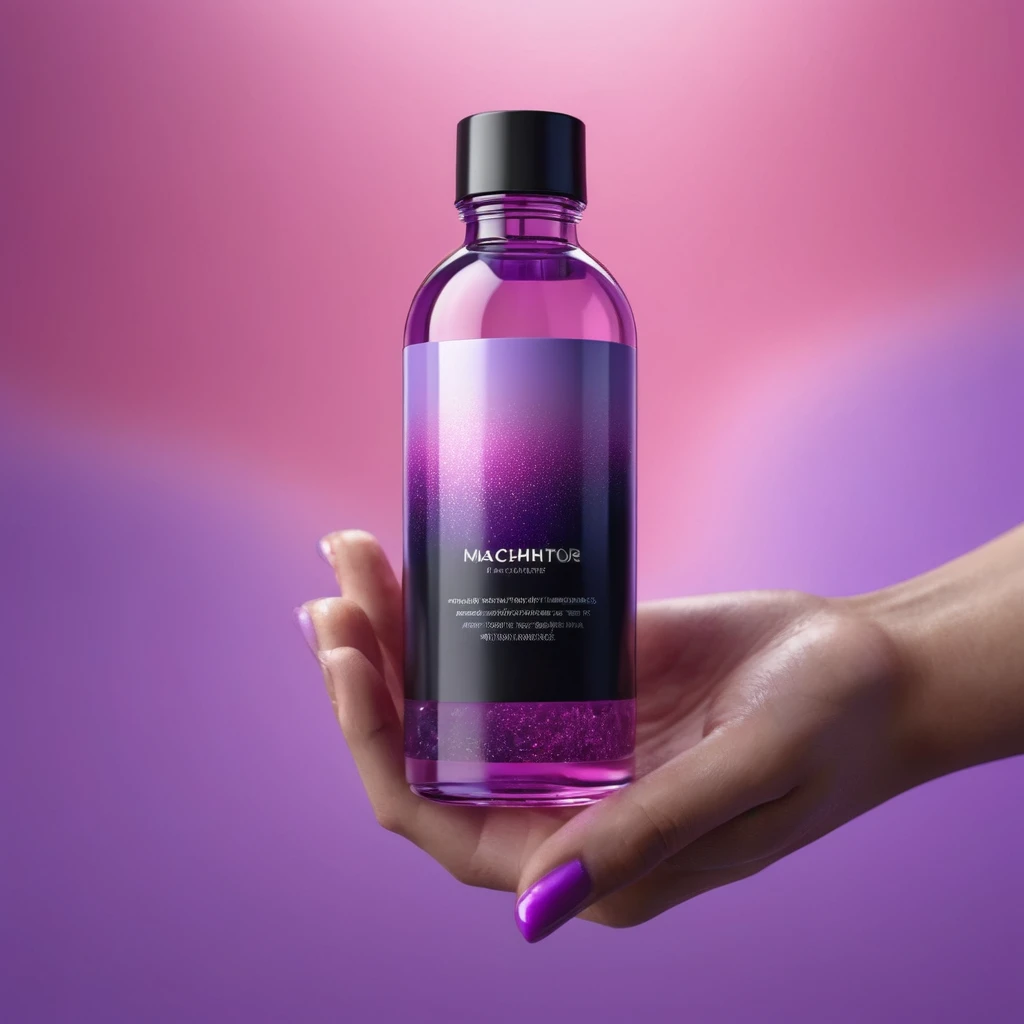 smartphone in his hand, blackhair male hands holding purple bottle of massage oil to her face, that is glowing with pink and purple colours, dripping wet, closeup macro photo, minimalistic, in a light purple and pink style, with soft edges and blurred details, in the toycore style, with a 3D render, on a colorful background, with a minimalist stage design, in a surreal style, with a cinema4D rendering, with a minimalist style, with low saturation, using gradient colors, with a cinema4D rendering, with a blender rendering, with super detail, at a super high resolution, at a super high definition