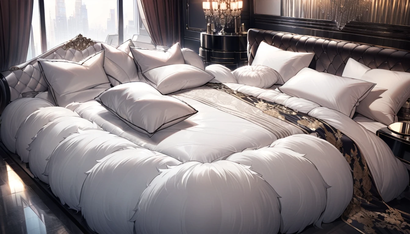 Lots of giant silk pillows. Luxurious and fluffy silk bed. Huge fluffy silk duvet
