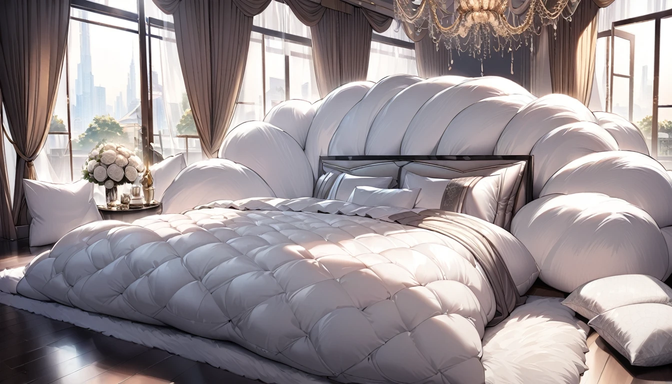 Lots of giant silk pillows. Luxurious and fluffy silk bed. Huge fluffy silk duvet