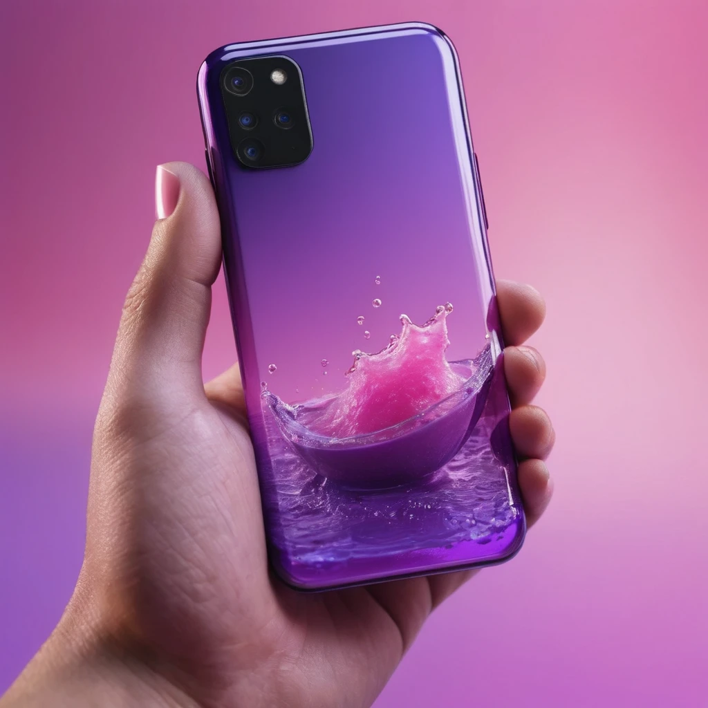 smartphone in his hand, blackhair male hands holding purple bottle of massage oil to her face, that is glowing with pink and purple colours, dripping wet, closeup macro photo, minimalistic, in a light purple and pink style, with soft edges and blurred details, in the toycore style, with a 3D render, on a colorful background, with a minimalist stage design, in a surreal style, with a cinema4D rendering, with a minimalist style, with low saturation, using gradient colors, with a cinema4D rendering, with a blender rendering, with super detail, at a super high resolution, at a super high definition