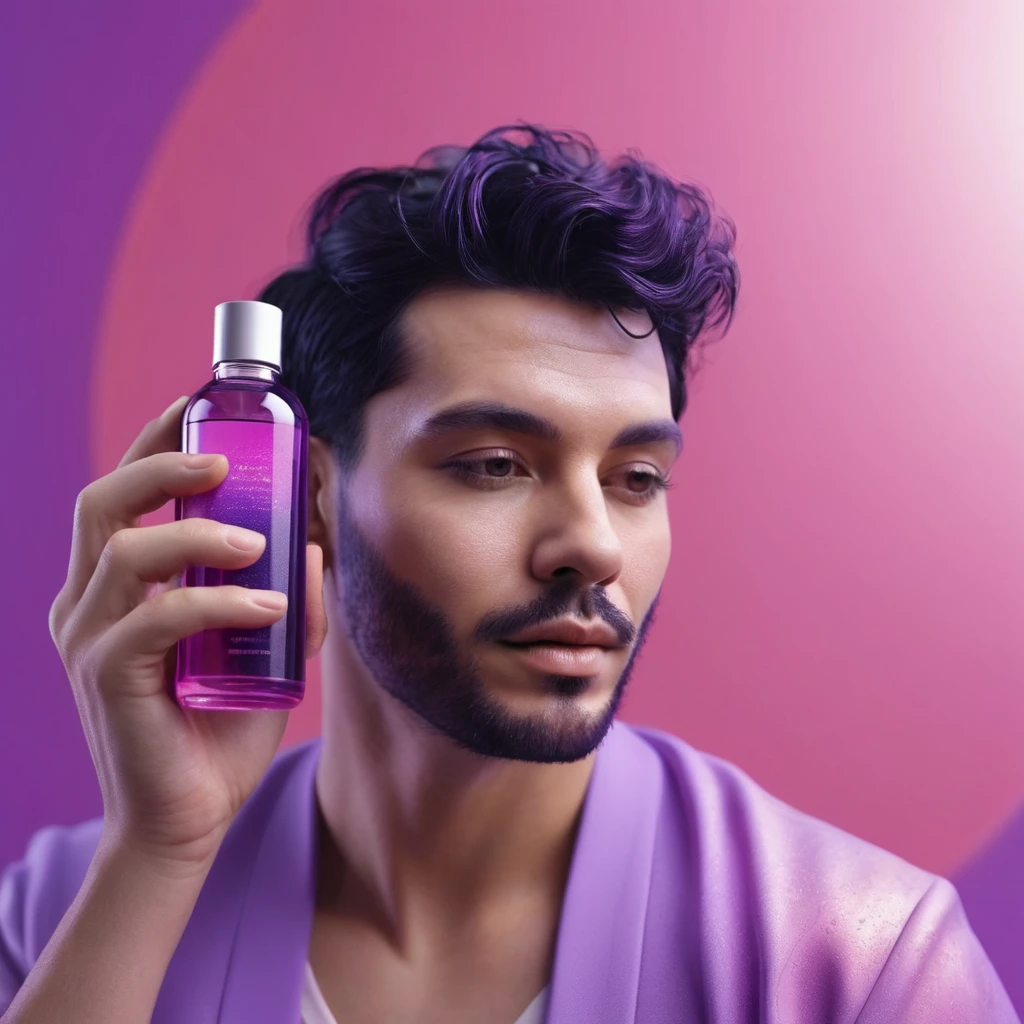 smartphone in his hand, blackhair male hands holding purple bottle of massage oil to her face, that is glowing with pink and purple colours, dripping wet, closeup macro photo, minimalistic, in a light purple and pink style, with soft edges and blurred details, in the toycore style, with a 3D render, on a colorful background, with a minimalist stage design, in a surreal style, with a cinema4D rendering, with a minimalist style, with low saturation, using gradient colors, with a cinema4D rendering, with a blender rendering, with super detail, at a super high resolution, at a super high definition