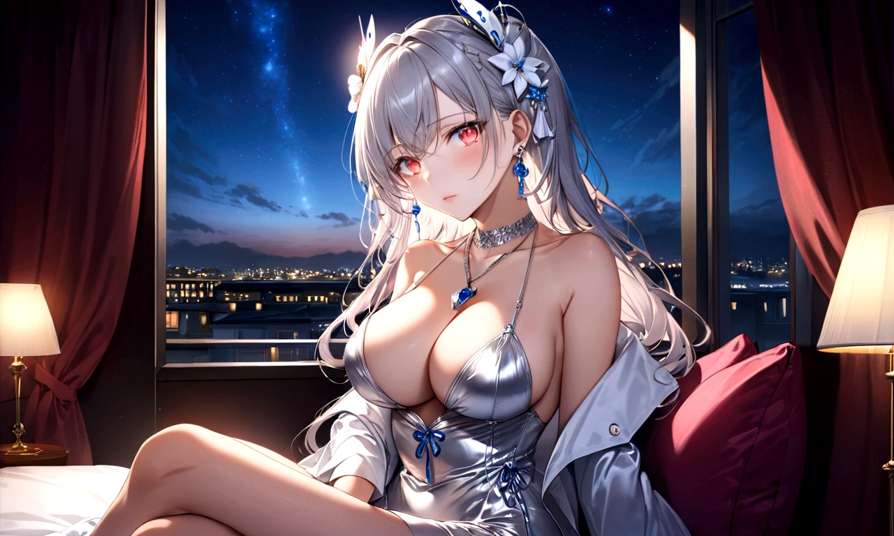((masterpiece, Highest quality)),, st. Louis (Luxury Wheels) (Azur Lane), High resolution, Highest quality, figure, Cinematic Light, Super detailed, Detailed face, (Fine grain), Highest quality, Super detailed, masterpiece, (Detailed face), Large Breasts, hair ornaments, Earrings, necklace, Portraiture, Silver Dress, Revealing clothing,Best details, Glowing Eyes, (Hotel:1.2), Sitting in bed, Sitting, bed, window, Night Sky, Backlight, light, (High Contrast), (colorful),