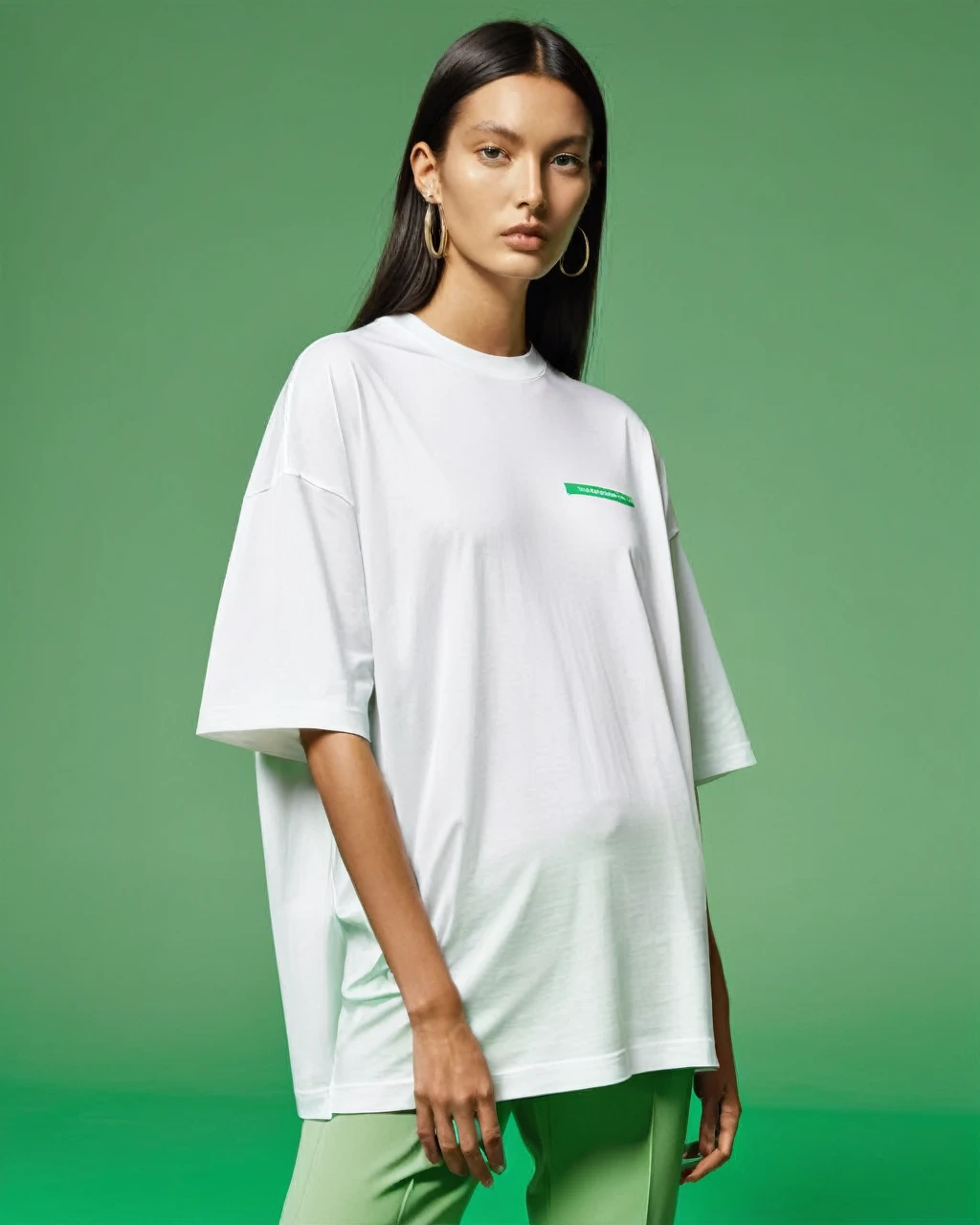 white oversize t-shirt, all green color background,balenciaga concept fashion photo, Paris