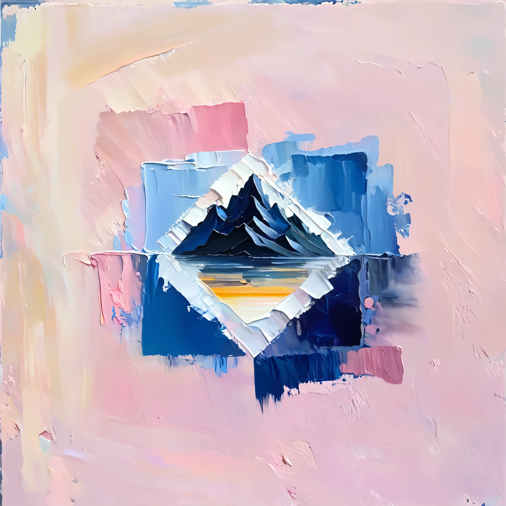 a thick textured oil painting, impasto brushstrokes, dry brushing,revealing underlayers, abstract landscape, moody lighting, dramatic shadows, muted earthy colors, vibrant colors, highly detailed, masterpiece, using a palette of light pink, muted blue, dark grayish blue, bright blue, very dark gray, and light grayish blue shade of emotion
