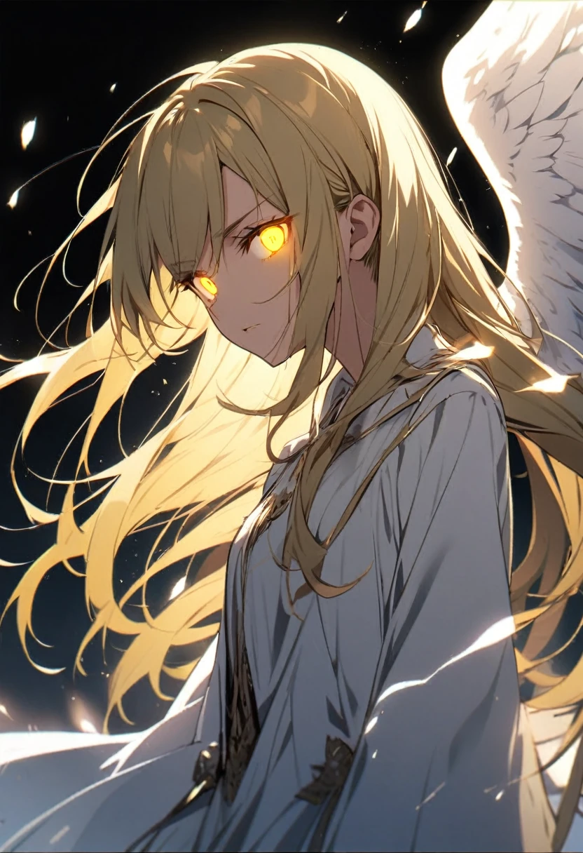 girl, ponytail. white aura, angel, angel wings, yellow eyes, glowing eyes, whita hair , long hair