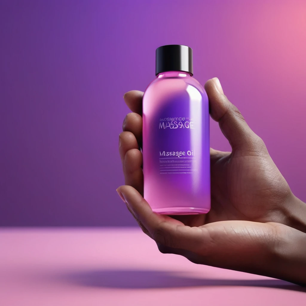 bottle of massage oil in his hand in his hand, blackhair male hands holding purple bottle of massage oil to her face, that is glowing with pink and purple colours, dripping wet, closeup macro photo, minimalistic, in a light purple and pink style, with soft edges and blurred details, in the toycore style, with a 3D render, on a colorful background, with a minimalist stage design, in a surreal style, with a cinema4D rendering, with a minimalist style, with low saturation, using gradient colors, with a cinema4D rendering, with a blender rendering, with super detail, at a super high resolution, at a super high definition
