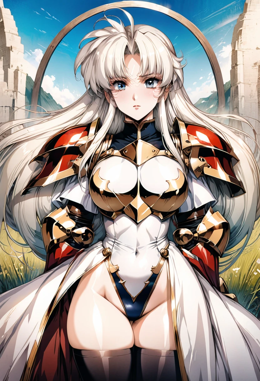 ((highest quality)), ((masterpiece)), ((hyperrealistic)), (detailed background), anime style, solo, 1girl, ((langrisser)), ((curvy: 1.2)), kawaii, ((Lamé leotard)), ((white knight dress)), white long hair, ahoge, forehead, parted bangs, (long coat), ((large breasts)), ((breastplate)), (zettai ryouiki black knee socks), ((gauntlet)), (big butt), (thighs), (groin), beautiful eyes, perfect face, Perfect hands, perfect fingers, Blue sky and grassland,