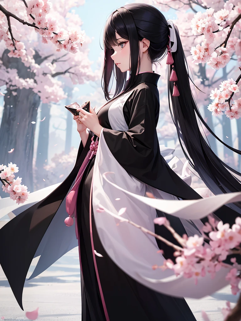 best quality, character design sheet, adult woman、No hat on, Black and pink hair, whole body, Head to Toe, Fortuneteller、Standing facing forward, Beautiful black dress, long Black Hair, Pure white background, from front, best quality, Cherry blossom pattern、Japanese、Adult Japanese、Clear eyes、Standing facing forward、The face is facing forward、holding a magic card in hand、White background、Black western dress、Neutral face、Black hair with pink inner color