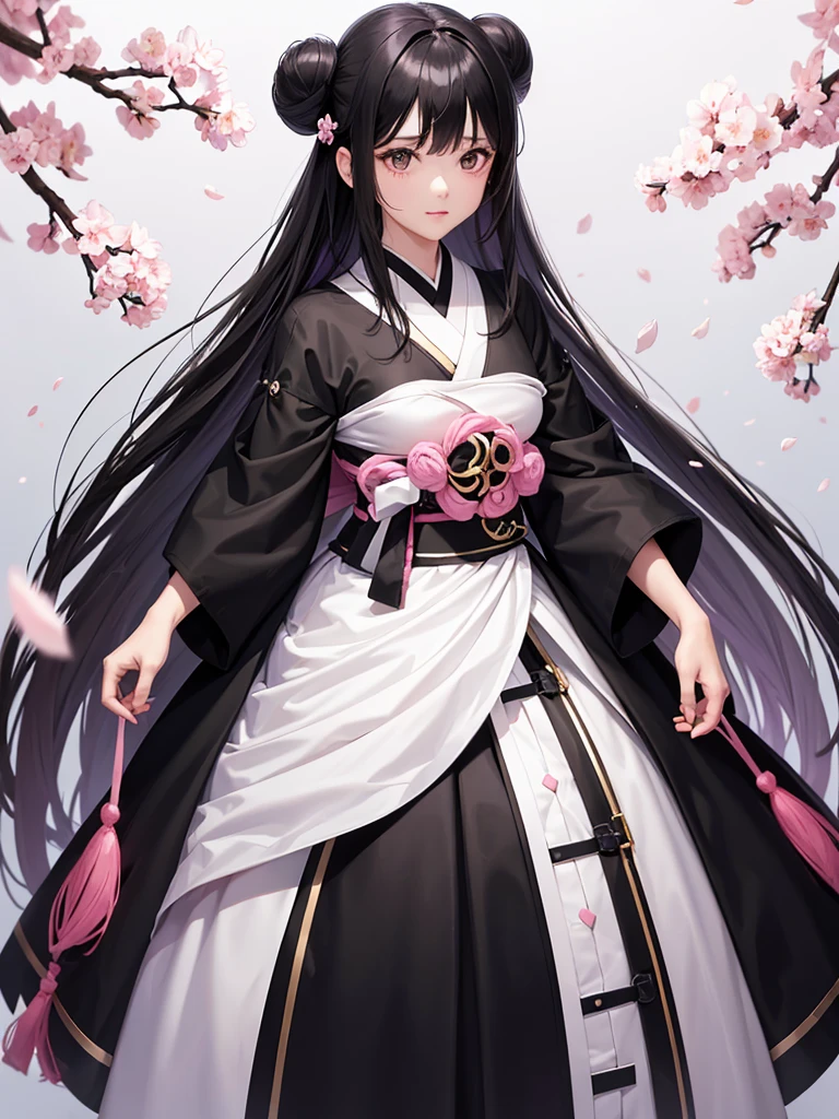 best quality, character design sheet, adult woman、No hat on, Black and pink hair, whole body, Head to Toe, Fortuneteller、Standing facing forward, Beautiful black dress, long Black Hair, Pure white background, from front, best quality, Cherry blossom pattern、Japanese、Adult Japanese、Clear eyes、Standing facing forward、The face is facing forward、holding a magic card in hand、White background、Black western dress、Neutral face、Black hair with pink inner color