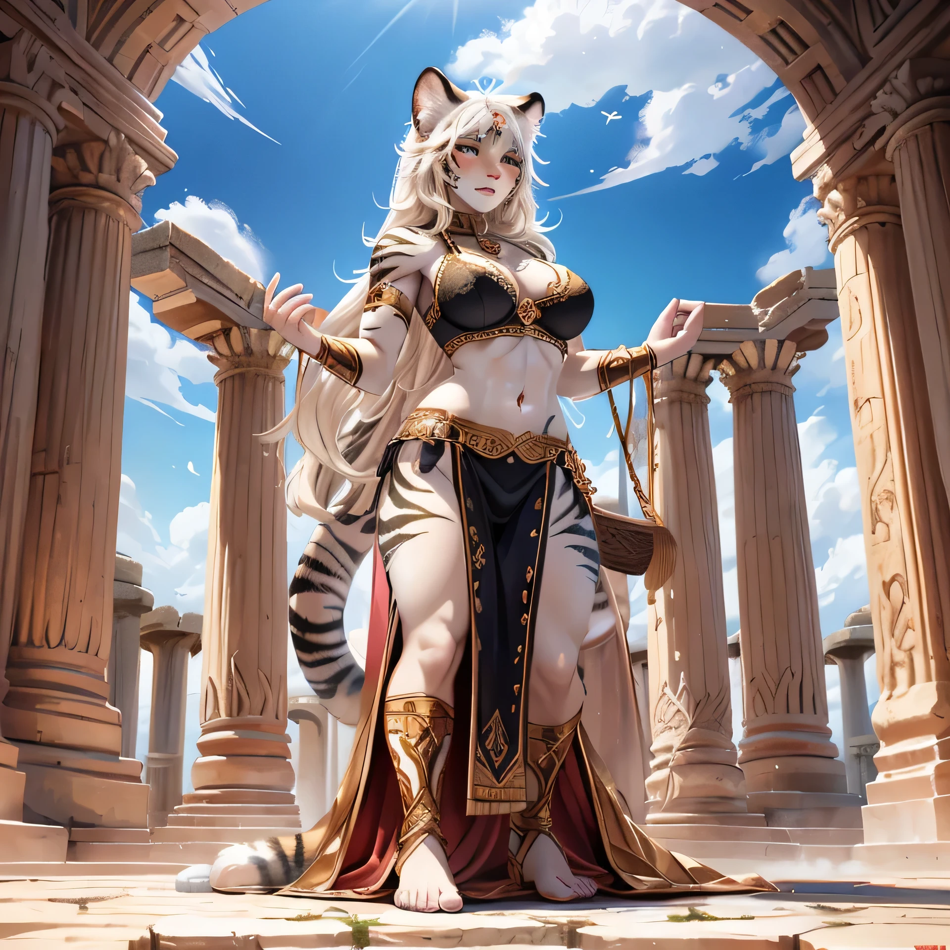 the scene takes place in a Flavian Amphitheater, [Best quality, shadow, extreme detail, very detailed, ultra detailed, complex, realistic, complex and detailed masterpiece of an ancient Greek dream], the dream is of the breed human cats, she is decorated with intricate tiger tattoos, sporting magnificent white fur, dressed in a bra, (accompanied by her faithful white tiger companion),