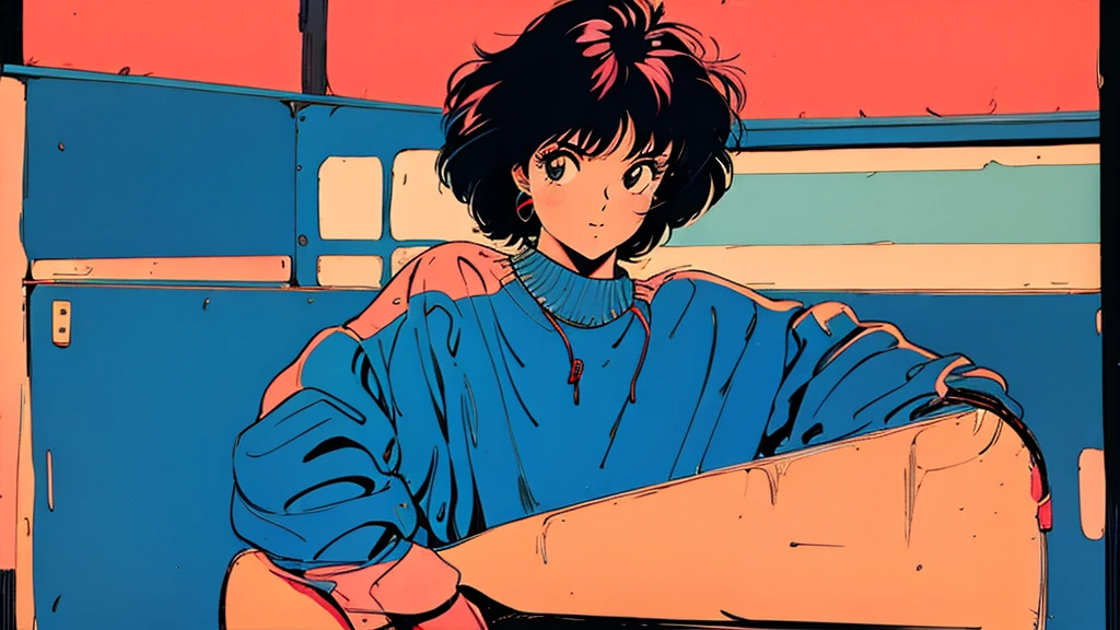 the 90s,City Pop,girl,Retro Pop,Bob Hair,play the guitar,The background is in the room