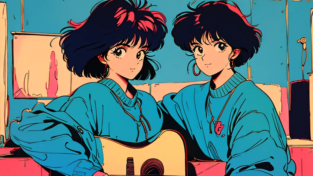 the 90s，City Pop，girl，Retro Pop，Bob Hair，play the guitar，The background is in the room