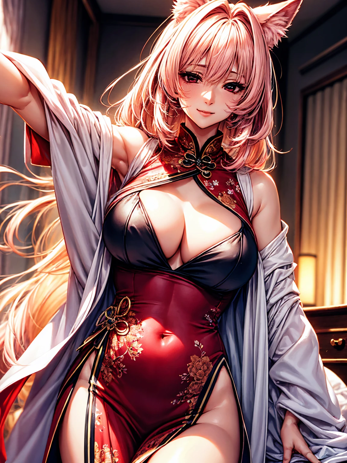 top-quality、tmasterpiece、Very high resolution、super high image quality、High-quality pixels)、perfect eyes, perfect face, perfect body figure,solo,8K, large breast,(Detailed description of hair), (Detailed description of face),(Detailed description of body), fair and clear skin, matchless beauty, long legged, light pink hair details expressed, The details have been upgraded,(light pink eyeball:1.3),model posture,wolf ears,pink wolf tail,poetic environment,chinese-style bedroom,cowboy shot,stylish long cheongsam, behind desk, writing, girlfriend ssmile, Russian face feature, gentle expression