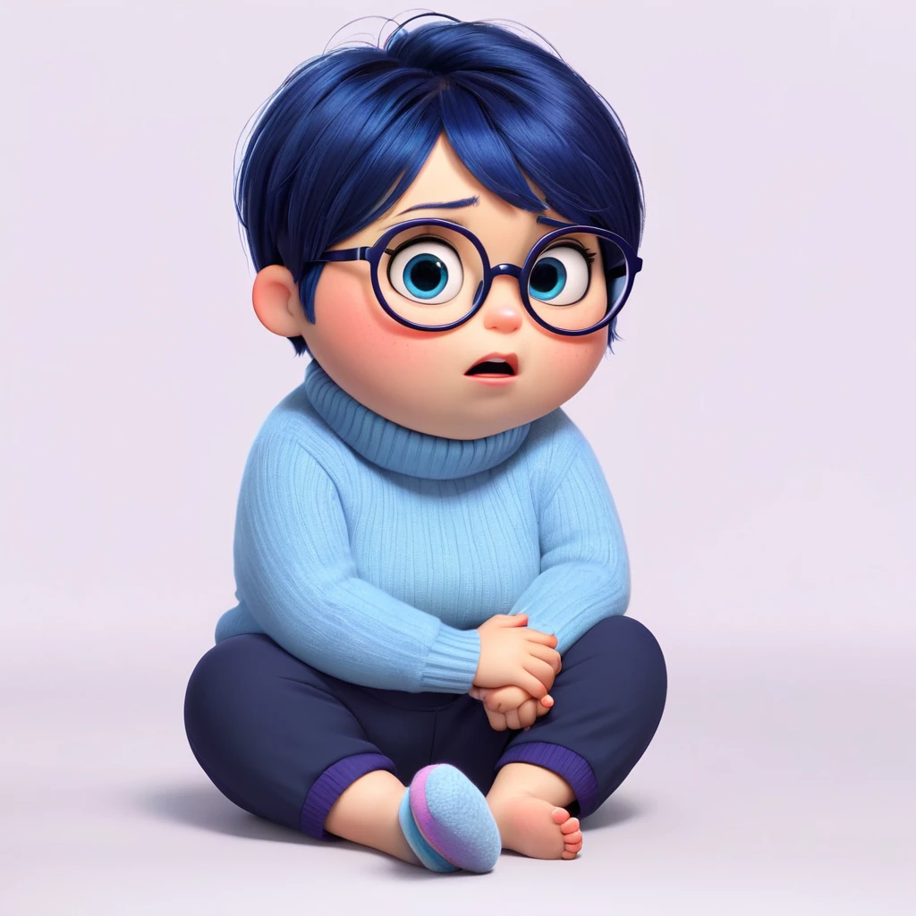 Sadness (a chubby character in the movie "Inside Out" with blue short hair, light blue white long-sleeved turtleneck sweater, navy blue pants and slippers, and dark purple round glasses.) is sad, looking up and recall memories,tear up, tear on the cheek, about to cry, sad, wet eyes