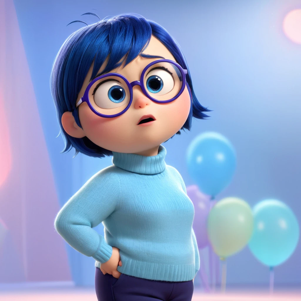 Sadness (a chubby character in the movie "Inside Out" with blue short hair, light blue white long-sleeved turtleneck sweater, navy blue pants and slippers, and dark purple round glasses.) is sad, looking up and recall memories,tear up, tear on the cheek, about to cry, sad, wet eyes