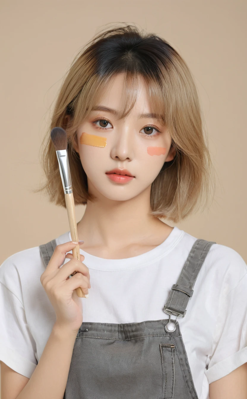 Realistic,Portrait of one girl of young Korean idol with pretty eyes,Upper Body,Pretty blonde Korean bob,indoor,View your audience,Simple beige background,Release your lips,Dark grey tight T-shirt,Beige overalls,In his left hand he holds a palette of paints,Holding a brush in his right hand,Popular Korean makeup,自信にあふれたphotoRealistic,