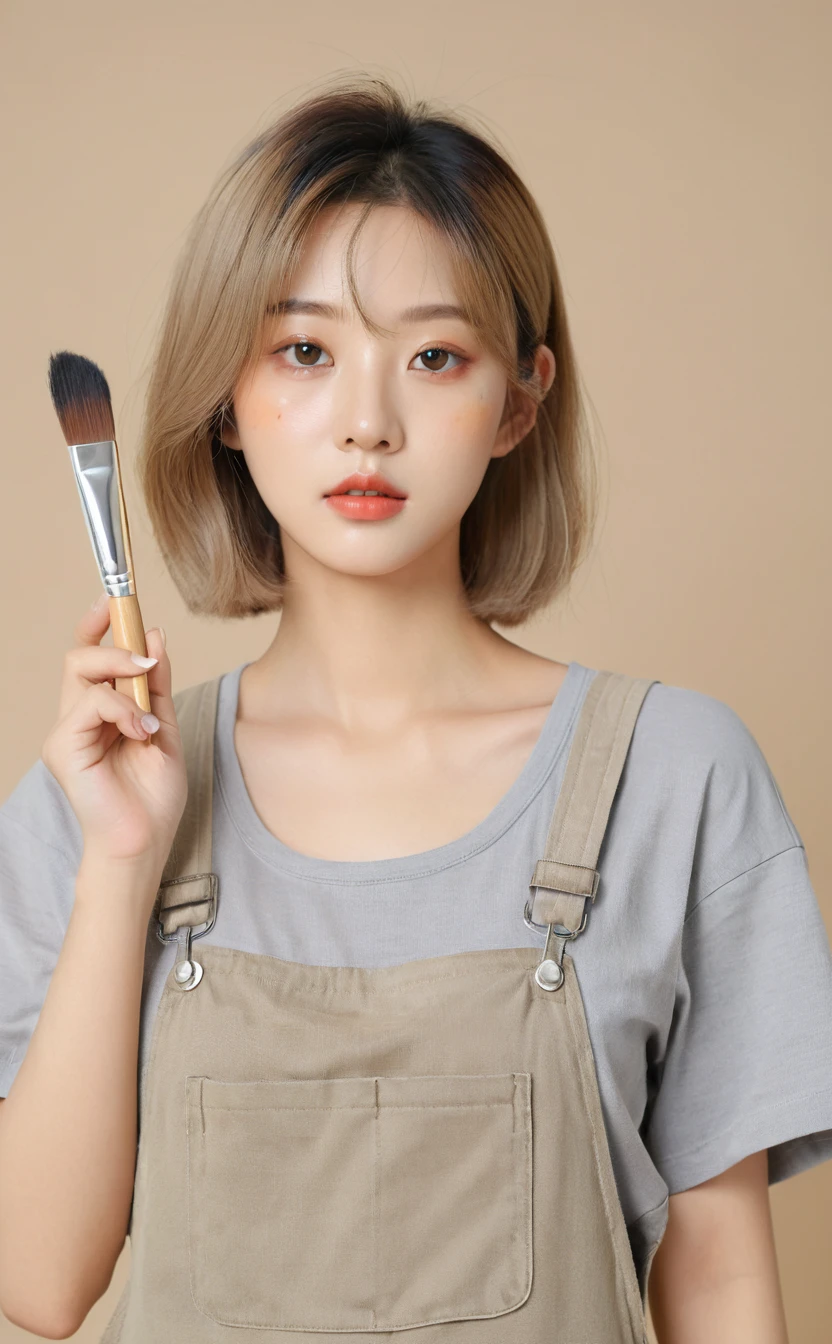 Realistic,Portrait of one girl of young Korean idol with pretty eyes,Upper Body,Pretty blonde Korean bob,indoor,View your audience,Simple beige background,Release your lips,Dark grey tight T-shirt,Beige overalls,In his left hand he holds a palette of paints,Holding a brush in his right hand,Popular Korean makeup,自信にあふれたphotoRealistic,