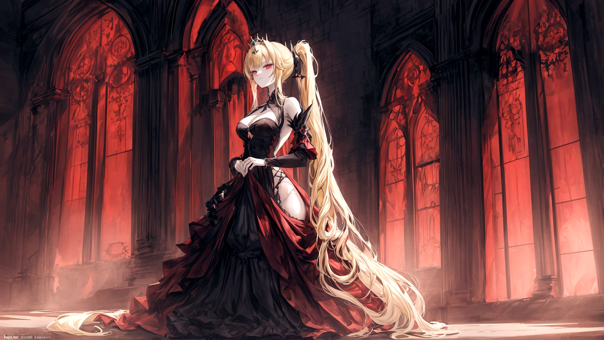 An anime-style princess with long, flowing blonde hair in a ponytail, standing gracefully inside a grand, dimly lit castle. She is wearing an elegant, Gothic-style dress with intricate details and dark colors. The princess has soft, pale red eyes and a sly, mischievous smile on her face, showing her defiance and strength. Through the tall, arched windows with heavy drapes, a red full moon can be seen, adding a mysterious and eerie atmosphere. The background features ancient stone walls and opulent decorations that exude a sense of eerie elegance and timeless royalty.