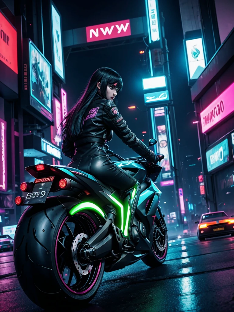Cyberpunk: A slender girl is driving a futuristic motorcycle, racing through a neon city and firing a gun