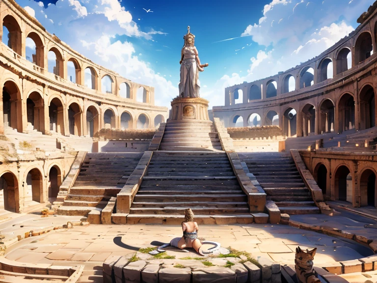 the scene takes place in a Flavian Amphitheater, [Best quality, shadow, extreme detail, very detailed, ultra detailed, complex, realistic, complex and detailed masterpiece of an ancient Greek dream], the dream is of the breed human cats, she is decorated with intricate tiger tattoos, sporting magnificent white fur, dressed in a bra, (accompanied by her faithful white tiger companion),
