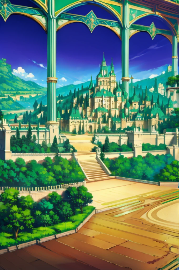 Green kingdom, big castle, statue, waterfall