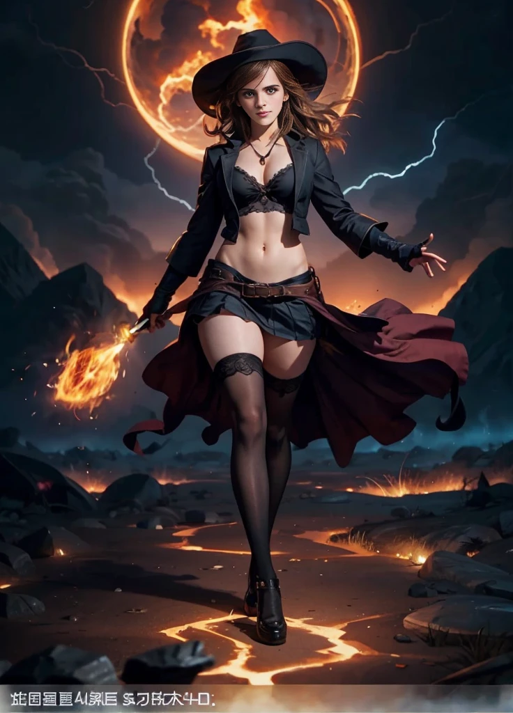 masterpiece，Best quality，1 girl，Emma Watson plays Hermione, Sexy school uniform，Briefs thongs，The school uniform jacket is open，No shirt，Smile，huge breasts, Huge ass, beautiful legs, Magic Wand，Magic book，Casting Magic，Hogwarts School of Witchcraft and Wizardry