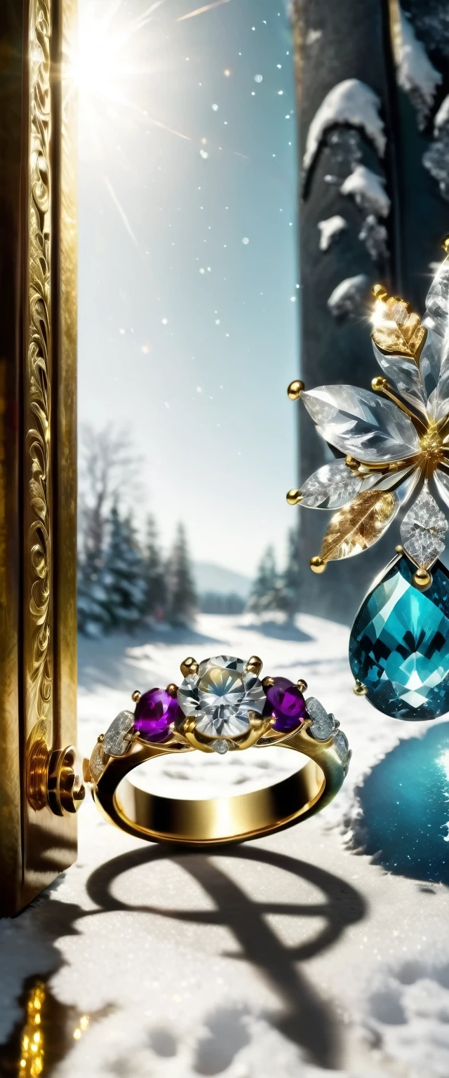 winter theme, chilly, Freezing, (ring, metallic texture, golden ring, Diamant, Diamant gem, sparkling diamond, shiny gems, white Diamant, engagement ring, beautifull ring, detaileds, focusing:1.45),dark trees, ripples,Irregular geometric fluid oil filling,Splashed nebulae,flowers,Grape trees, grade,bubble,Space flickering outside the door, (White background: 1.45),