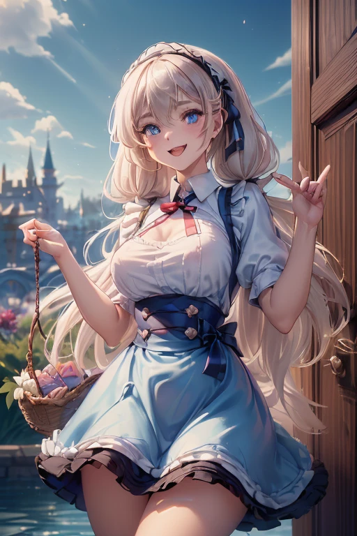 (perky chest:1.2), (pointed chest:1.2),(((Black Tunic:1.3))),(((cakes and bread in the basket),Cute and beautiful girl,Cute round face,Cute smile,with blush cheeks,Red Lip,a girl 22 years old, nsfw:1.2, beautiful body:1.3), shinny skin, BREAK, ((alice in the wonderland:1.3, cute, kawaii, lovely, funny, a girl falling down from sky:1.3, girl flying in sky:1.2, girl floating in air:1.3, rolling upskirt by wind:1.5, (with sparkling eyes and a contagious smile),open mouth, Looking at Viewer, surprised, putting hands on crotch over the skirts:1.35)), BREAK, ((floating things as follows:1.3, PlayingCards, Trump, tea cup, tea pot, tea spoons, pocket watch:1.3, lip sticks, candies:1.2, cookies, jam bottles, classical door_keys)), ((long purply_Blue dress :1.5, wearing long flaired skirt:1.3, the skirt is blowing:1.3, cute White Apron, black stockingedium long platinum-blonde hair:1.2, twin tail hair:1.6, tied hair with a cute ribbon), (Blue eyes, bright pupils with highlights, detailed eyes), (lying down on your back:0.7, spreading legs with rising up straight:0.7), sexy posture, fantastic colorful art, (fantasy art:1.2, wondered images), ((correct anatomy:1.5, perfect anatomy:1.3, correct hand, )),
