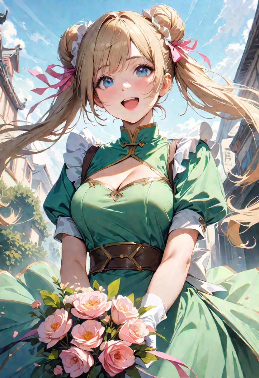 30 years old,1 mature woman,hyperrealistic, 8k, (extremely detailed 8k), (very delicate and beautiful), (masterpiece), (better quality:1.0), (ultra high resolution:1.0), (masterpiece, best quality), cute,blonde,cleavage cutout,(broen dress:1.3),gleaming skin,twintails,twin bun,a pink ribbon on the head,long hair,pastel green chinese maid dress,pastel green chinese dress,white long gloves,hold a bouquet of flowers,face and body straight at the camera,a bunch of flowers,POV,bust shot,white frill,puffy sleeves,laugh with open mouth,tareme,sky blue eyes,short truffle half apron,a gold buckle,white corset