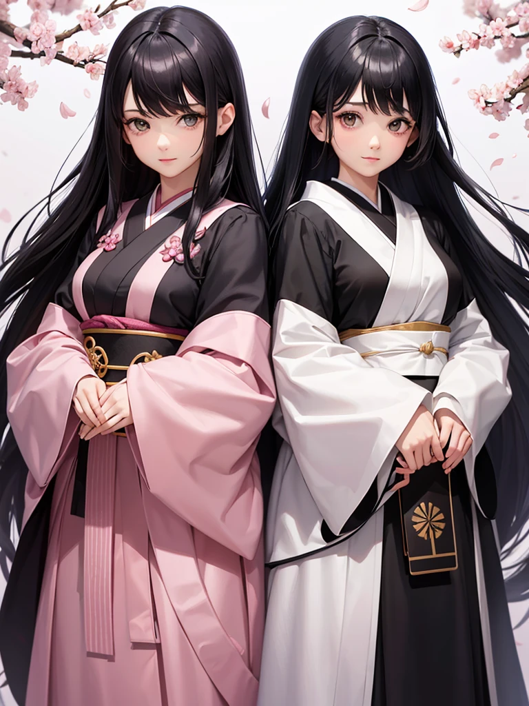best quality, character design sheet, adult woman、No hat on, Black and pink hair, whole body, Head to Toe, Fortuneteller、Standing facing forward, Beautiful black dress, long Black Hair, Pure white background, from front, best quality, Cherry blossom pattern、Japanese、Adult Japanese、Clear eyes、Standing facing forward、The face is facing forward、holding a magic card in hand、White background、Black western dress、Neutral face、Black hair with pink inner color