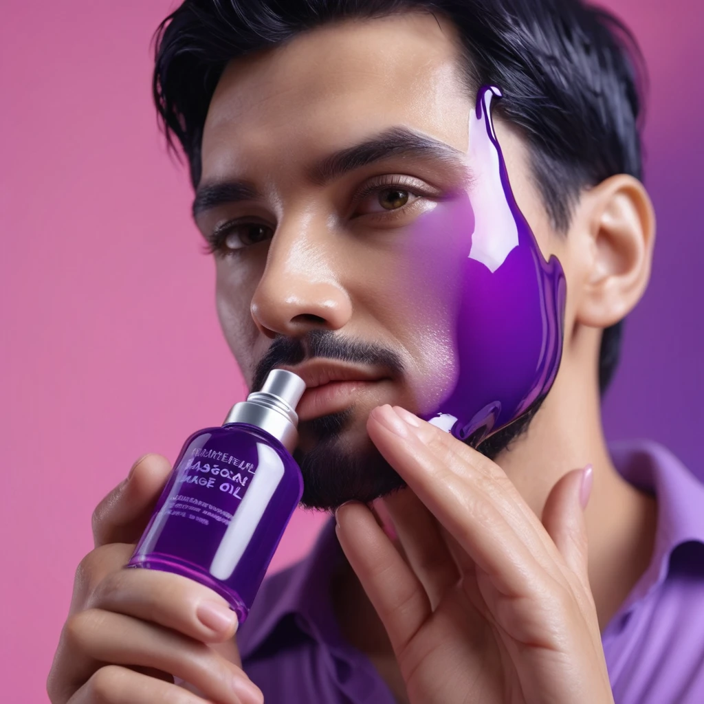 bottle of massage oil in his hand, blackhair male hands holding purple bottle of massage oil to her face, that is glowing with pink and purple colours, dripping wet, closeup macro photo, minimalistic, in a light purple and pink style, with soft edges and blurred details, in the toycore style, with a 3D render, on a colorful background, with a minimalist stage design, in a surreal style, with a cinema4D rendering, with a minimalist style, with low saturation, using gradient colors, with a cinema4D rendering, with a blender rendering, with super detail, at a super high resolution, at a super high definition