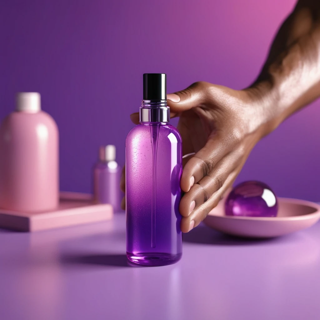 bottle of massage oil in his hand, blackhair male hands holding purple bottle of massage oil to her face, that is glowing with pink and purple colours, dripping wet, closeup macro photo, minimalistic, in a light purple and pink style, with soft edges and blurred details, in the toycore style, with a 3D render, on a colorful background, with a minimalist stage design, in a surreal style, with a cinema4D rendering, with a minimalist style, with low saturation, using gradient colors, with a cinema4D rendering, with a blender rendering, with super detail, at a super high resolution, at a super high definition
