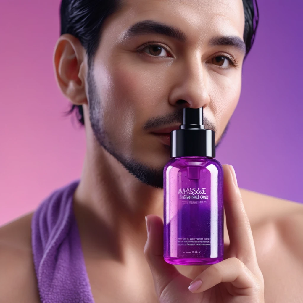 bottle of massage oil in his hand, blackhair male hands holding purple bottle of massage oil to her face, that is glowing with pink and purple colours, dripping wet, closeup macro photo, minimalistic, in a light purple and pink style, with soft edges and blurred details, in the toycore style, with a 3D render, on a colorful background, with a minimalist stage design, in a surreal style, with a cinema4D rendering, with a minimalist style, with low saturation, using gradient colors, with a cinema4D rendering, with a blender rendering, with super detail, at a super high resolution, at a super high definition
