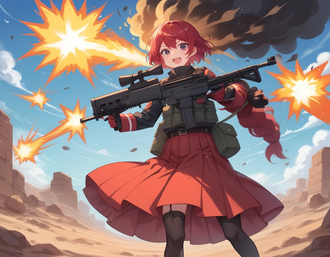 Small breasts、A platoon of girls in bright red military uniforms and long red skirts、Red military uniform and red long skirt、Panty shot、Cute snow-white underwear、garter belt、A pair of girl platoon leaders and soldiers equipped with two assault rifles、desert、Black powder explosion on the ground behind、Big Explosion、A big uproar、Destroy a Tank