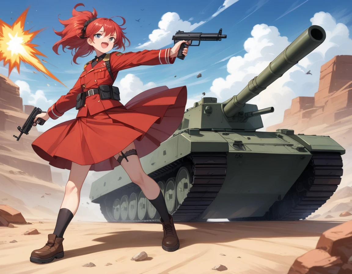 Small breasts、A platoon of girls in bright red military uniforms and long red skirts、Red military uniform and red long skirt、Panty shot、Cute snow-white underwear、garter belt、A pair of girl platoon leaders and soldiers equipped with two assault rifles、desert、Black powder explosion on the ground behind、Big Explosion、A big uproar、Destroy a Tank