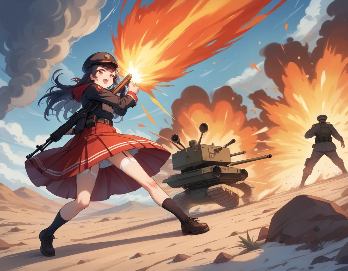 Small breasts、A platoon of girls in bright red military uniforms and long red skirts、Red military uniform and red long skirt、Panty shot、Cute snow-white underwear、garter belt、A pair of girl platoon leaders and soldiers equipped with two assault rifles、desert、Black powder explosion on the ground behind、Big Explosion、A big uproar、Destroy a Tank