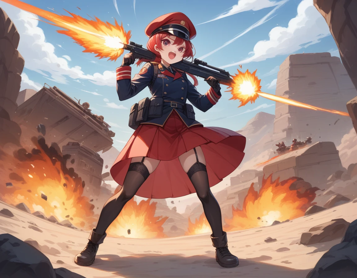 Small breasts、A platoon of girls in bright red military uniforms and long red skirts、Red military uniform and red long skirt、Panty shot、Cute snow-white underwear、garter belt、A pair of girl platoon leaders and soldiers equipped with two assault rifles、desert、Black powder explosion on the ground behind、Big Explosion、A big uproar、Destroy a Tank