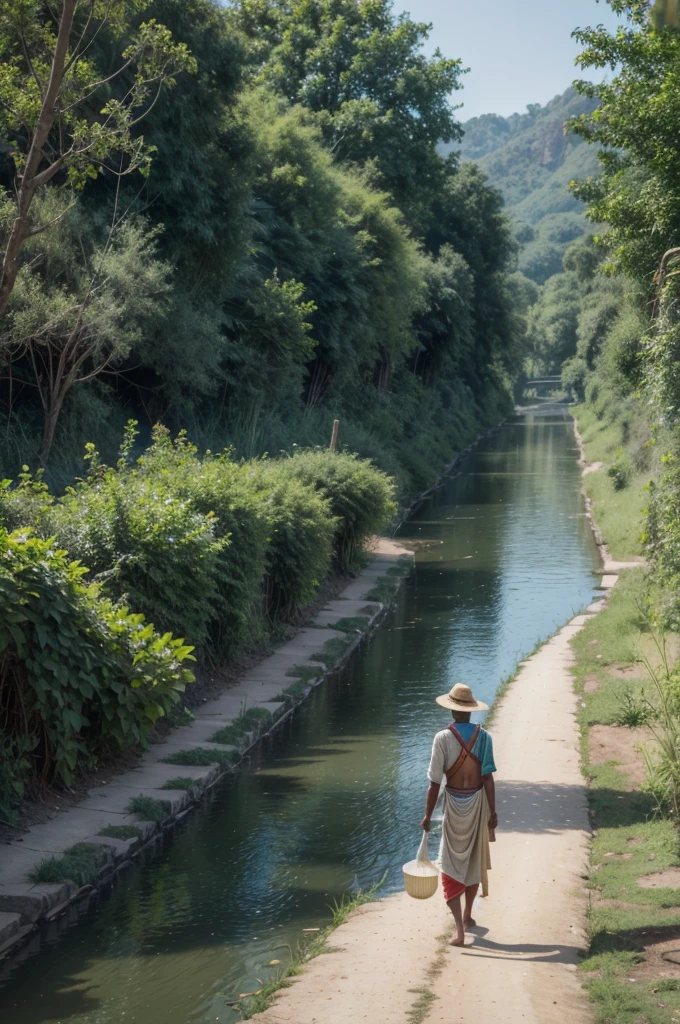 "An Indian water carrier walking along a dirt path, balancing two large pots on a wooden pole across his shoulders, with a serene river in the background and lush green surroundings, traditional Indian village setting."