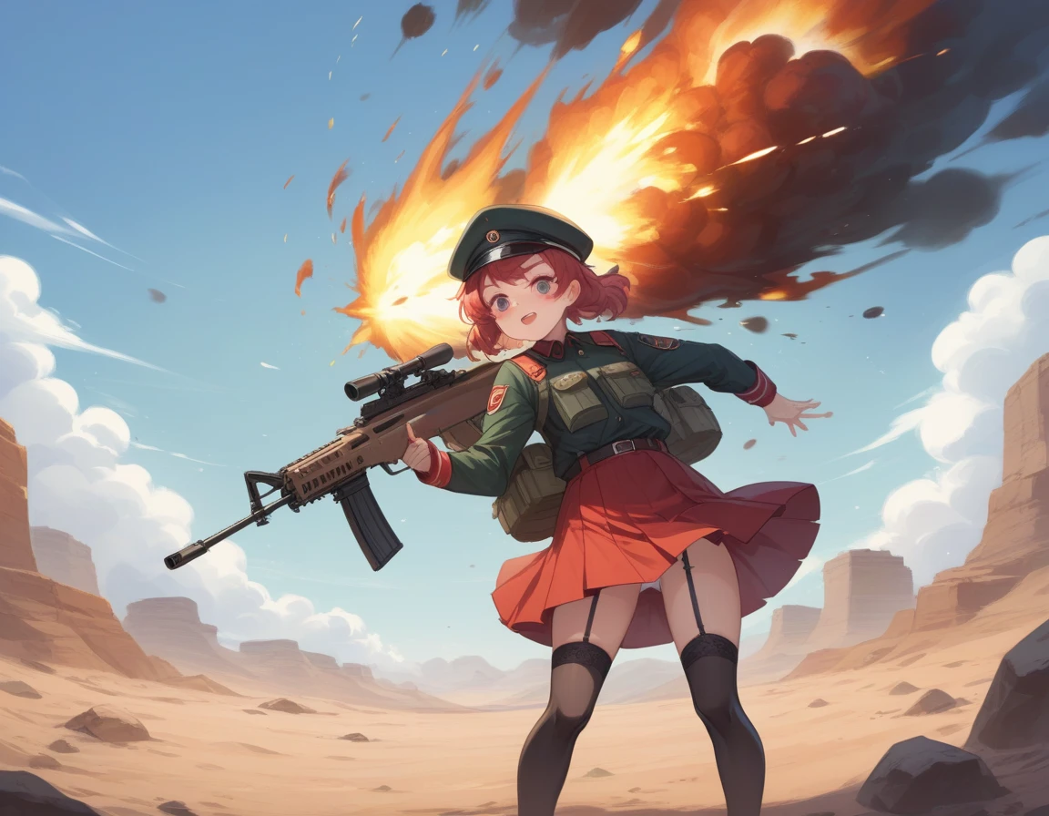 Small breasts、A platoon of girls in bright red military uniforms and long red skirts、Red military uniform and red long skirt、Panty shot、Cute snow-white underwear、garter belt、A pair of girl platoon leaders and soldiers equipped with two assault rifles、desert、Black powder explosion on the ground behind、Big Explosion、A big uproar、Destroy a Tank